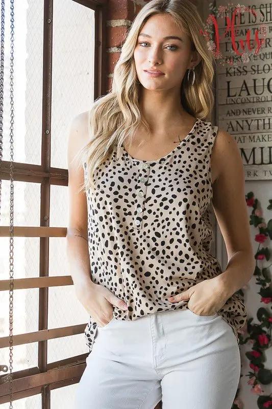 Heimish Full Size Front Button Animal Print Sleeveless Top Plus Size - Love Salve